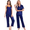 imageSWOMOG Womens Silk Satin Pajamas Sets 4pcs Loungewear Sexy Cami Shorts Set Button Down Long Sleeve Pjs SleepwearShort Sleevenavy Blue