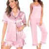 imageSWOMOG Womens Silk Satin Pajamas Sets 4pcs Loungewear Sexy Cami Shorts Set Button Down Long Sleeve Pjs SleepwearShort Sleevepink
