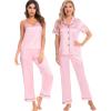 imageSWOMOG Womens Silk Satin Pajamas Sets 4pcs Loungewear Sexy Cami Shorts Set Button Down Long Sleeve Pjs SleepwearShort Sleevepink