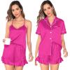 imageSWOMOG Womens Silk Satin Pajamas Sets 4pcs Loungewear Sexy Cami Shorts Set Button Down Long Sleeve Pjs SleepwearShort Sleeverose Red