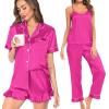 imageSWOMOG Womens Silk Satin Pajamas Sets 4pcs Loungewear Sexy Cami Shorts Set Button Down Long Sleeve Pjs SleepwearShort Sleeverose Red