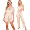 imageSWOMOG Womens Silk Satin Pajamas Sets 7pcs Sleepwear Sexy Cami Shorts Set and Button Down Short Sleeve Satin PjsChampagne