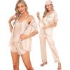 imageSWOMOG Womens Silk Satin Pajamas Sets 7pcs Sleepwear Sexy Cami Shorts Set and Button Down Short Sleeve Satin PjsChampagne