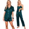 imageSWOMOG Womens Silk Satin Pajamas Sets 7pcs Sleepwear Sexy Cami Shorts Set and Button Down Short Sleeve Satin PjsDeep Green