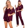 imageSWOMOG Womens Silk Satin Pajamas Sets 7pcs Sleepwear Sexy Cami Shorts Set and Button Down Short Sleeve Satin PjsDeep Wine Red