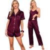 imageSWOMOG Womens Silk Satin Pajamas Sets 7pcs Sleepwear Sexy Cami Shorts Set and Button Down Short Sleeve Satin PjsDeep Wine Red