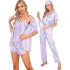 imageSWOMOG Womens Silk Satin Pajamas Sets 7pcs Sleepwear Sexy Cami Shorts Set and Button Down Short Sleeve Satin PjsLavender