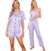 imageSWOMOG Womens Silk Satin Pajamas Sets 7pcs Sleepwear Sexy Cami Shorts Set and Button Down Short Sleeve Satin PjsLavender