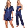 imageSWOMOG Womens Silk Satin Pajamas Sets 7pcs Sleepwear Sexy Cami Shorts Set and Button Down Short Sleeve Satin PjsNavy Blue