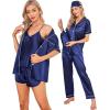 imageSWOMOG Womens Silk Satin Pajamas Sets 7pcs Sleepwear Sexy Cami Shorts Set and Button Down Short Sleeve Satin PjsNavy Blue