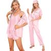 imageSWOMOG Womens Silk Satin Pajamas Sets 7pcs Sleepwear Sexy Cami Shorts Set and Button Down Short Sleeve Satin PjsPink