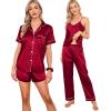 imageSWOMOG Womens Silk Satin Pajamas Sets 7pcs Sleepwear Sexy Cami Shorts Set and Button Down Short Sleeve Satin PjsRed