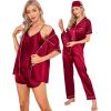 imageSWOMOG Womens Silk Satin Pajamas Sets 7pcs Sleepwear Sexy Cami Shorts Set and Button Down Short Sleeve Satin PjsRed