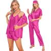 imageSWOMOG Womens Silk Satin Pajamas Sets 7pcs Sleepwear Sexy Cami Shorts Set and Button Down Short Sleeve Satin PjsRose Red