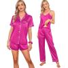 imageSWOMOG Womens Silk Satin Pajamas Sets 7pcs Sleepwear Sexy Cami Shorts Set and Button Down Short Sleeve Satin PjsRose Red