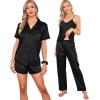 imageSWOMOG Womens Silk Satin Pajamas Sets 7pcs Sleepwear Sexy Cami Shorts Set and Button Down Short Sleeve Satin PjsSolid Black