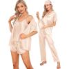 imageSWOMOG Womens Silk Satin Pajamas Sets 7pcs Sleepwear Sexy Cami Shorts Set and Button Down Short Sleeve Satin PjsSolid Champagne