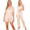 imageSWOMOG Womens Silk Satin Pajamas Sets 7pcs Sleepwear Sexy Cami Shorts Set and Button Down Short Sleeve Satin PjsSolid Champagne