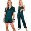 imageSWOMOG Womens Silk Satin Pajamas Sets 7pcs Sleepwear Sexy Cami Shorts Set and Button Down Short Sleeve Satin PjsSolid Deep Green