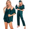 imageSWOMOG Womens Silk Satin Pajamas Sets 7pcs Sleepwear Sexy Cami Shorts Set and Button Down Short Sleeve Satin PjsSolid Deep Green