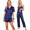 imageSWOMOG Womens Silk Satin Pajamas Sets 7pcs Sleepwear Sexy Cami Shorts Set and Button Down Short Sleeve Satin PjsSolid Navy Blue
