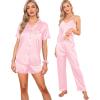 imageSWOMOG Womens Silk Satin Pajamas Sets 7pcs Sleepwear Sexy Cami Shorts Set and Button Down Short Sleeve Satin PjsSolid Pink