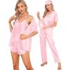 imageSWOMOG Womens Silk Satin Pajamas Sets 7pcs Sleepwear Sexy Cami Shorts Set and Button Down Short Sleeve Satin PjsSolid Pink