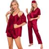 imageSWOMOG Womens Silk Satin Pajamas Sets 7pcs Sleepwear Sexy Cami Shorts Set and Button Down Short Sleeve Satin PjsSolid Red