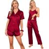 imageSWOMOG Womens Silk Satin Pajamas Sets 7pcs Sleepwear Sexy Cami Shorts Set and Button Down Short Sleeve Satin PjsSolid Red