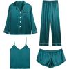 imageSWOMOG Women Satin Pajamas 4pcs Pajama Set Sexy Cami Shorts Set and Button Down Long Sleeve Pjs Loungewear SleepwearLight Green