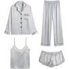 imageSWOMOG Women Satin Pajamas 4pcs Pajama Set Sexy Cami Shorts Set and Button Down Long Sleeve Pjs Loungewear SleepwearLight Grey