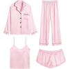 imageSWOMOG Women Satin Pajamas 4pcs Pajama Set Sexy Cami Shorts Set and Button Down Long Sleeve Pjs Loungewear SleepwearLight Pink
