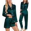 imageSWOMOG Womens 2 PCS  3 PCS Pajamas Set Silk Satin Long Sleeve Sleepwear Button Down Loungewear Pjs NightwearDeep Green  3 Pcs