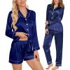 imageSWOMOG Womens 2 PCS  3 PCS Pajamas Set Silk Satin Long Sleeve Sleepwear Button Down Loungewear Pjs NightwearNavy Blue  3 Pcs
