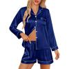 imageSWOMOG Womens 2 PCS  3 PCS Pajamas Set Silk Satin Long Sleeve Sleepwear Button Down Loungewear Pjs NightwearZ  Navy Blue  2 Pcs