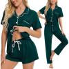 imageSWOMOG Womens 3pcs Button Down Pajamas Set Short Sleeve Sleepwear Bride Pj Lounge Set with Long PantsEmerald