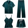 imageSWOMOG Womens 4pcs Pajamas Sets Short Sleeve Camisole with Button Down Shirt Pjs Silk Satin Sleepwear LoungewearDeep Green