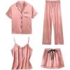 imageSWOMOG Womens 4pcs Pajamas Sets Short Sleeve Camisole with Button Down Shirt Pjs Silk Satin Sleepwear LoungewearMisty Rose