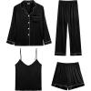 imageSWOMOG Womens 4pcs Pajamas Sets Silk Satin Pjs Sexy Cami Shorts Set Button Down Long Short Sleeve Sleepwear LoungewearBlack