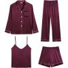 imageSWOMOG Womens 4pcs Pajamas Sets Silk Satin Pjs Sexy Cami Shorts Set Button Down Long Short Sleeve Sleepwear LoungewearDeep Wine Red