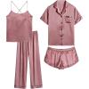 imageSWOMOG Womens 4pcs Pajamas Sets Silk Satin Pjs Sexy Cami Shorts Set Button Down Long Short Sleeve Sleepwear LoungewearMisty Rose
