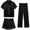 imageSWOMOG Womens Silk Satin Pajama Sets 3Pcs Button Down Pj Set Short Sleeve Sleepwear Loungewear Pjs Nightwear XSXXLBlack