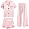 imageSWOMOG Womens Silk Satin Pajama Sets 3Pcs Button Down Pj Set Short Sleeve Sleepwear Loungewear Pjs Nightwear XSXXLSakura Pink