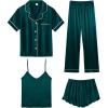 imageSWOMOG Womens Silk Satin Pajamas Sets 4pcs Loungewear Sexy Cami Shorts Set Button Down Long Sleeve Pjs SleepwearShort Sleevedarkgreen