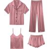 imageSWOMOG Womens Silk Satin Pajamas Sets 4pcs Loungewear Sexy Cami Shorts Set Button Down Long Sleeve Pjs SleepwearShort Sleevemisty Rose