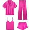 imageSWOMOG Womens Silk Satin Pajamas Sets 4pcs Loungewear Sexy Cami Shorts Set Button Down Long Sleeve Pjs SleepwearShort Sleeverose Red