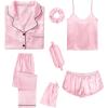 imageSWOMOG Womens Silk Satin Pajamas Sets 7pcs Sleepwear Sexy Cami Shorts Set and Button Down Short Sleeve Satin PjsPink