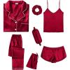 imageSWOMOG Womens Silk Satin Pajamas Sets 7pcs Sleepwear Sexy Cami Shorts Set and Button Down Short Sleeve Satin PjsRed