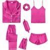 imageSWOMOG Womens Silk Satin Pajamas Sets 7pcs Sleepwear Sexy Cami Shorts Set and Button Down Short Sleeve Satin PjsRose Red