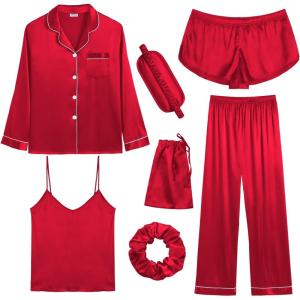 imageSWOMOG Women Satin Pajamas 4pcs Pajama Set Sexy Cami Shorts Set and Button Down Long Sleeve Pjs Loungewear SleepwearChristmas Red